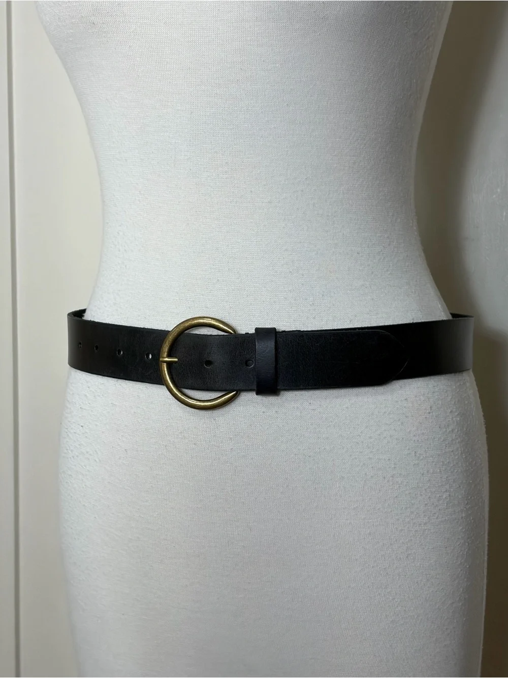 Frye Black Leather Belt with Brass Circle Buckle S